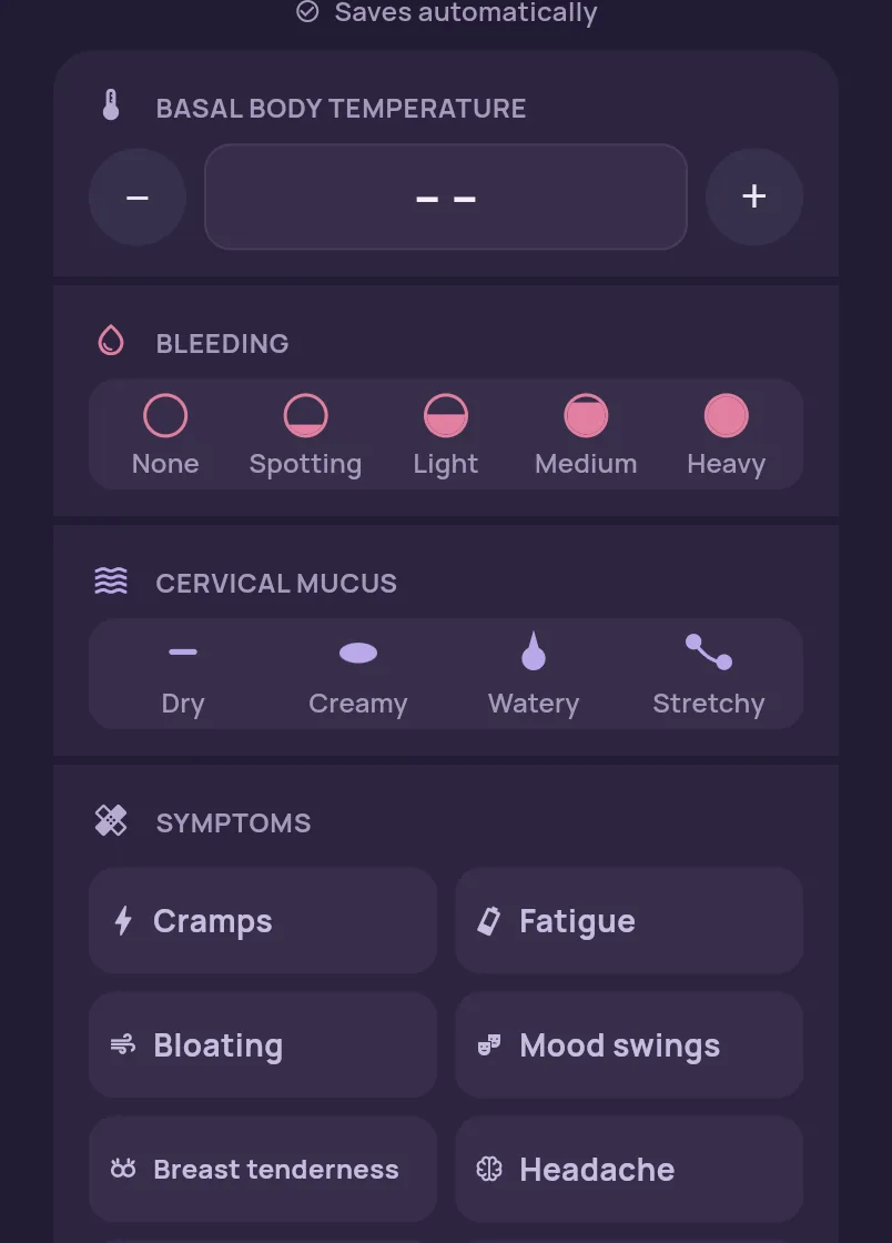 A detail of the app’s empty entry sheet: basal body temperature, bleeding and cervical mucus with its four levels of dry, creamy, watery and stretchy, and the symptom tiles below. Hot flushes and night sweats are hidden, and nothing has been recorded.