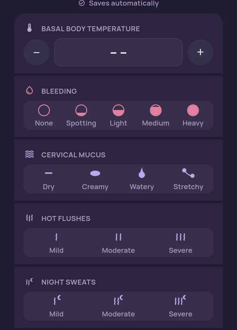 A detail of the app’s empty entry sheet with every row: basal body temperature, bleeding, cervical mucus, hot flushes and night sweats, the last two each with the levels mild, moderate and severe. Nothing has been recorded.