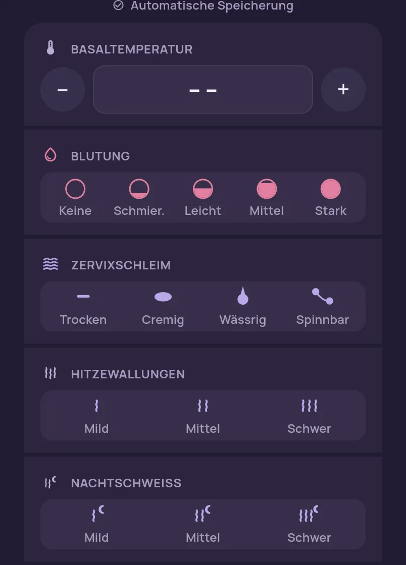 Ausschnitt aus dem leeren Eintragsblatt der App mit allen Zeilen: Basaltemperatur, Blutung, Zervixschleim, Hitzewallungen und Nachtschweiß, die beiden letzten je mit den Stufen Mild, Mittel, Schwer. Eingetragen ist nichts.