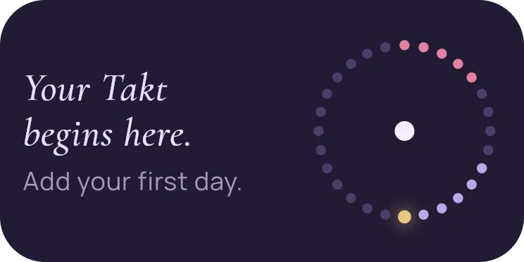 The same medium widget on the Mute level: no figure any more, just the ring of dots with one bright dot and a line inviting you to record your first day.