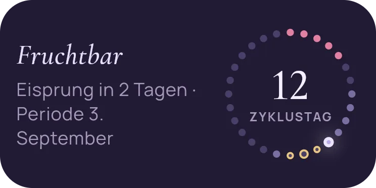 Die mittlere Takt-Kachel auf einem Startbildschirm: links Fruchtbar mit Eisprung in 2 Tagen und Periode 3. September, rechts der Punktkranz mit der 12 als Zyklustag.