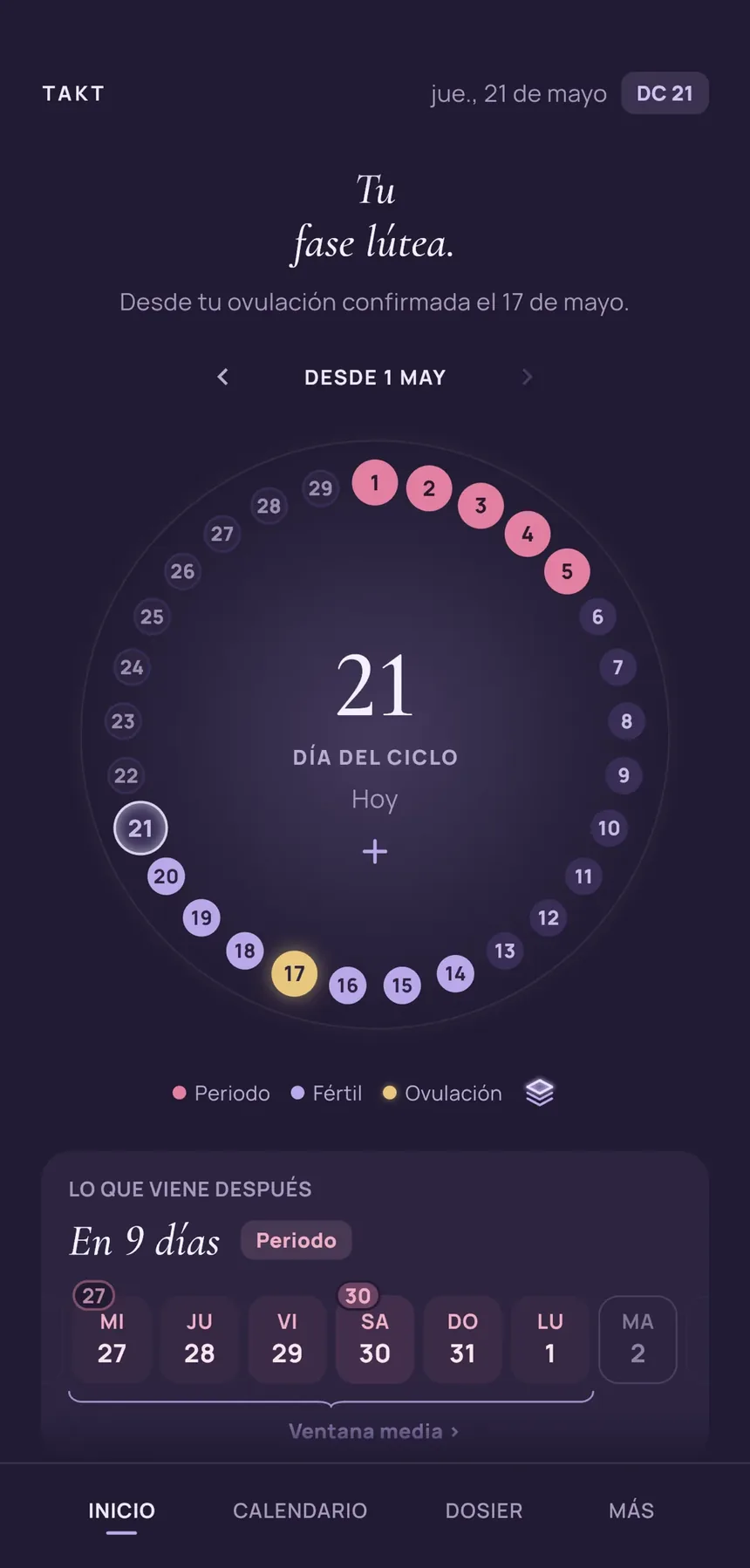 La pantalla de inicio de Takt: la rueda del ciclo en el día 21, encima «Tu fase lútea.», debajo cuántos días faltan para el próximo periodo.