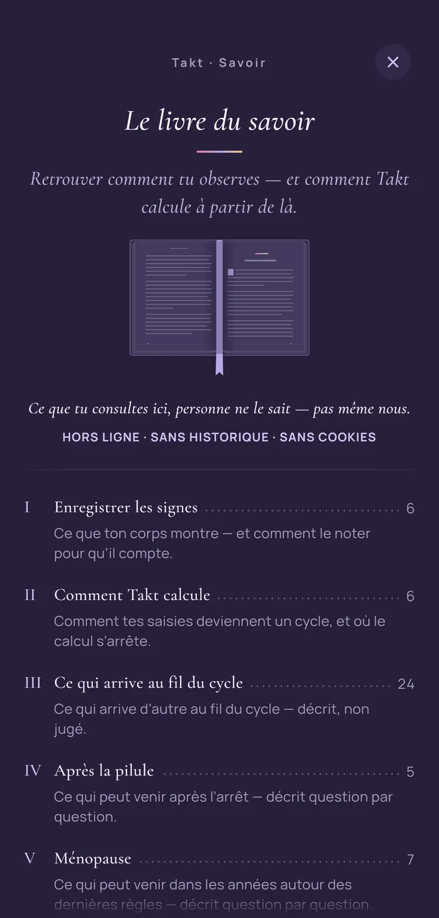 Le livre du savoir dans Takt : « Retrouver comment tu observes — et comment Takt calcule à partir de là. », en dessous « Ce que tu consultes ici, personne ne le sait — pas même nous. » et les chapitres, de « Enregistrer les signes » à « Ménopause ».