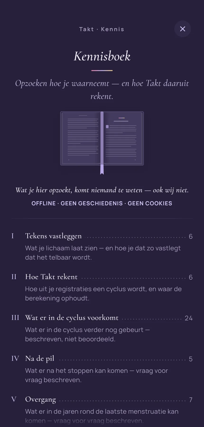 Het Kennisboek in Takt: “Opzoeken hoe je waarneemt — en hoe Takt daaruit rekent.”, daaronder “Wat je hier opzoekt, komt niemand te weten — ook wij niet.” en de hoofdstukken, van “Tekens vastleggen” tot “Overgang”.
