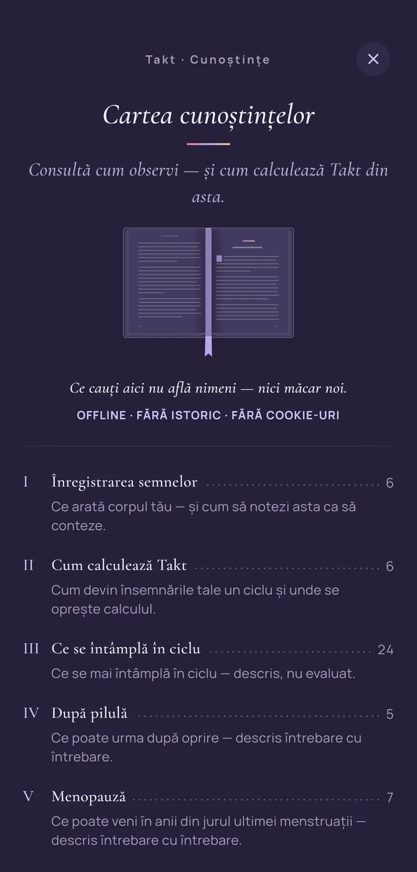 Cartea cunoștințelor în Takt: „Consultă cum observi — și cum calculează Takt din asta.”, dedesubt „Ce cauți aici nu află nimeni — nici măcar noi.” și capitolele, de la „Înregistrarea semnelor” la „Menopauză”.